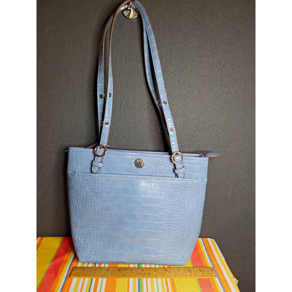 Anne Klein Blue Croc Embossed Shoulder Bag, Zip Top, Silver Hardware